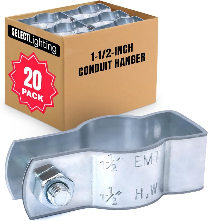 SELECT LIGHTING SELECT 20 Pack Lighting Conduit Hanger, 1-1/2 Inch Electrical Conduit Clamp with Carriage Bolt and Nut, Galvanized Conduit Clamps, Rigid Conduit Pipe Fittings for Mounting - Image 1